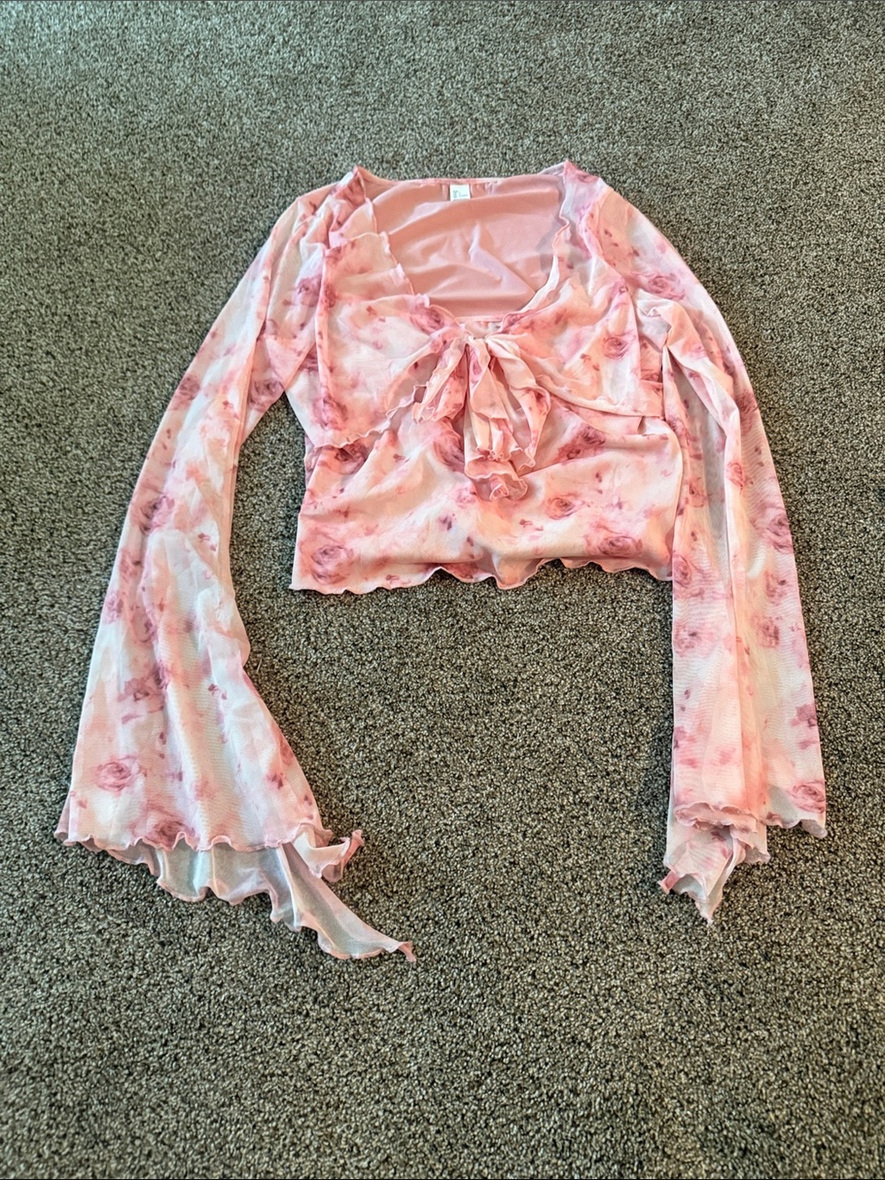 Pink Floral Tie-Front Long Sleeve Top Shein Size L